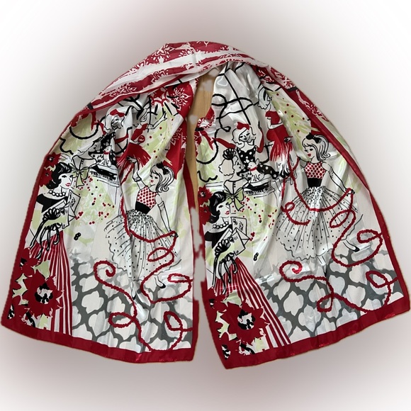 π1950s-Themed Girls Decorating Christmas Tree Scarf | Festive | Oblong 19βx69β - Picture 14 of 17